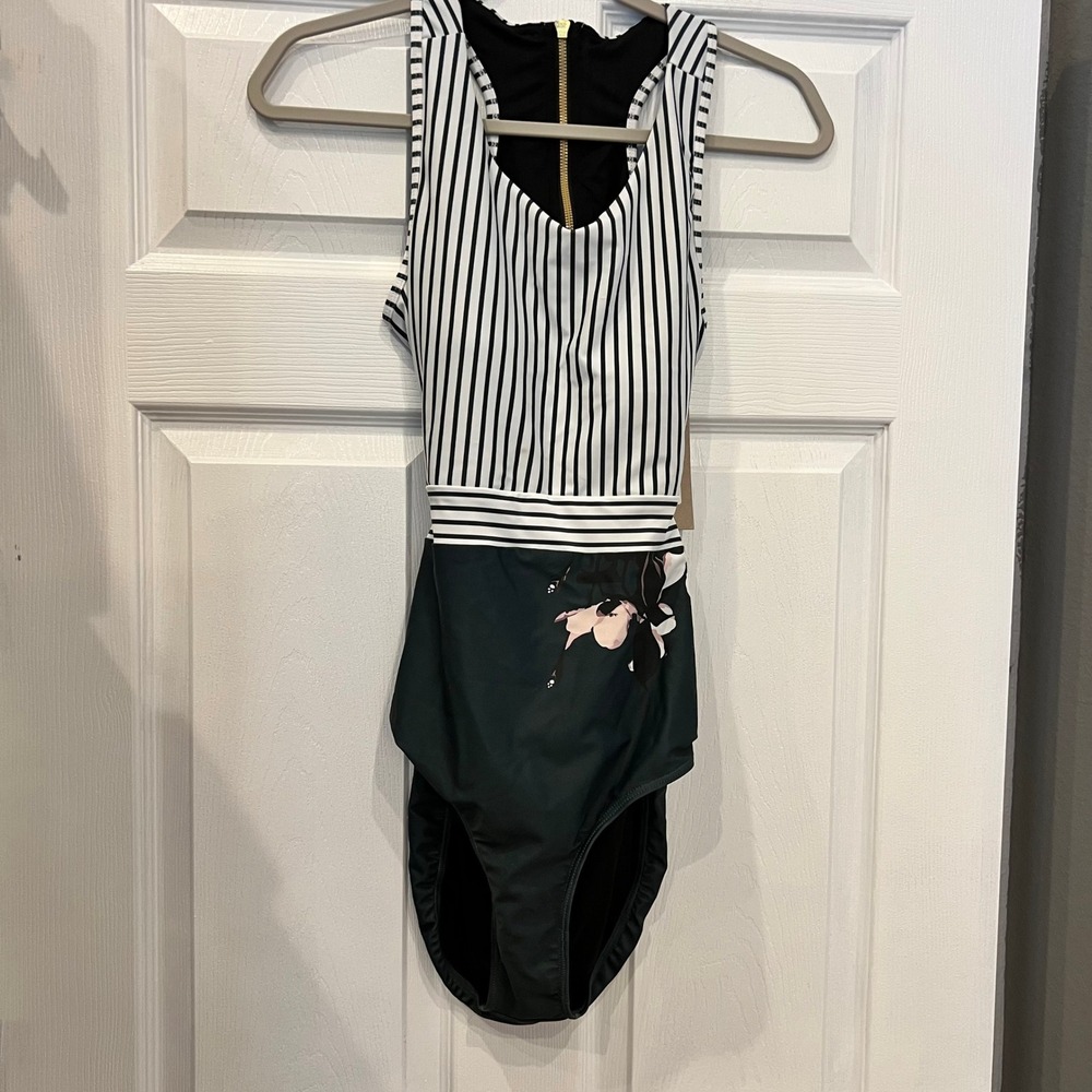 Albion Fit One Piece Swimsuit Nylon Spandex Striped Floral Preppy Coastal Beachy